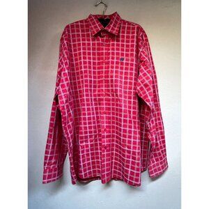 Cinch Mens Size Large Long Sleeve Gingham Check Button Up Shirt Red/White Pocket